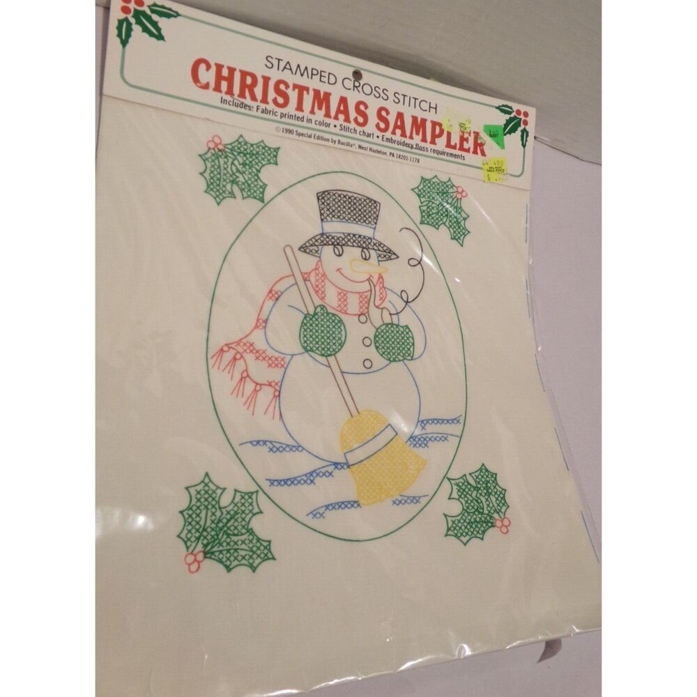 VTG Bucilla Stamped Cross Stitch CHRISTMAS Sampler FROSTY WITH HOLLY #63356 NOS